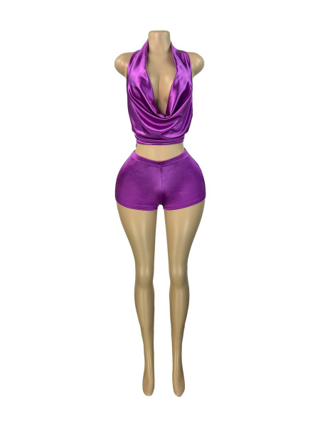 Color Ding Neck Strap Deep V-neck Top Satin Pants Two Piece Set
