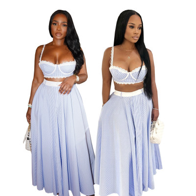 Lace patchwork camisole vest high waisted skirt two-piece set