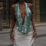 Transparent sequin backless deep V-vest