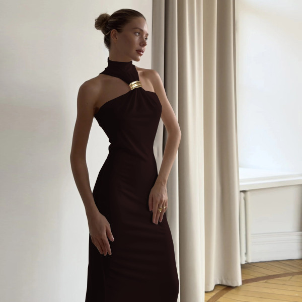 Metal buckle slim fit long dress