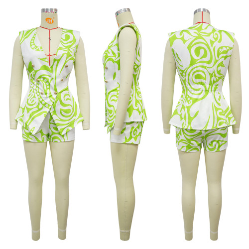 Printed V-neck sleeveless suit short two-piece set