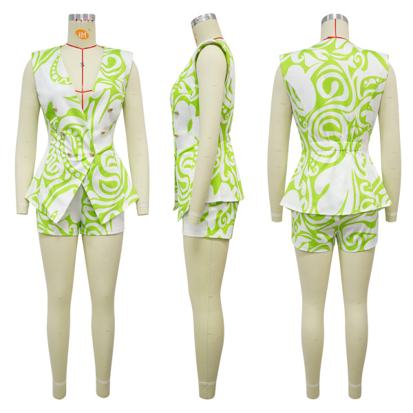Printed V-neck sleeveless suit short two-piece set