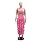 V-neck sleeveless hollow out ruffle edge slit dress