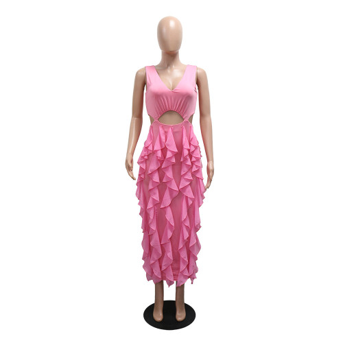 V-neck sleeveless hollow out ruffle edge slit dress