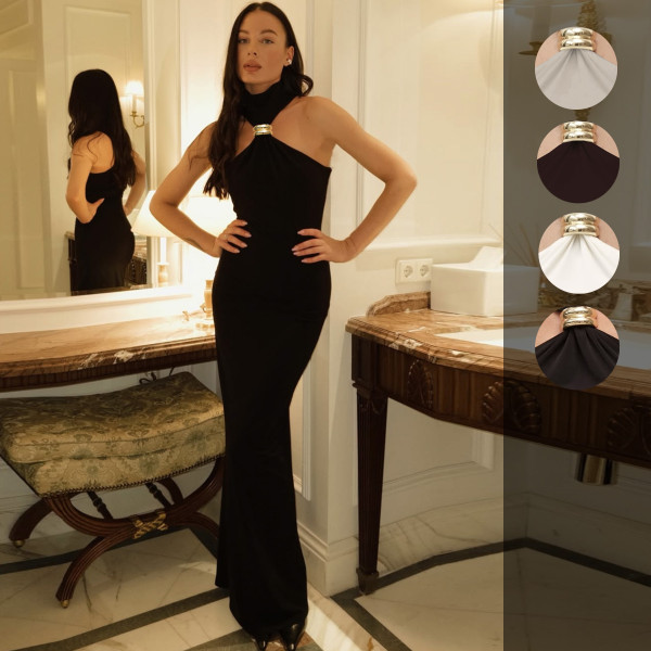 Metal buckle slim fit long dress