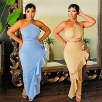 Side opening ruffled skirt paired with lace up sleeveless top Side opening ruffled skirt paired with lace up sleeveless top