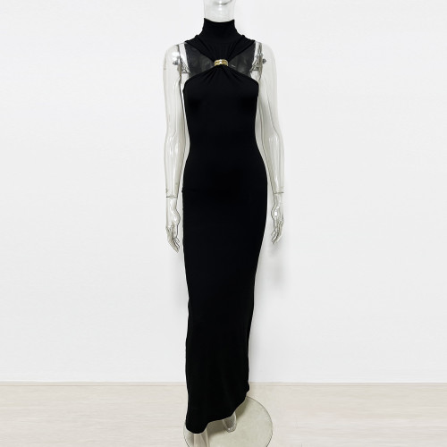 Metal buckle slim fit long dress