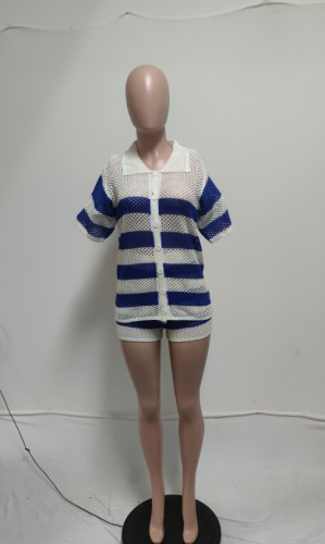 Hollow perspective lapel knit shorts set