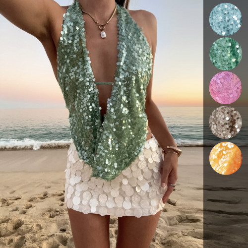 Transparent sequin backless deep V-vest