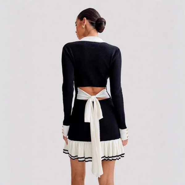 Bow tie tied ruffle edge knitted skirt