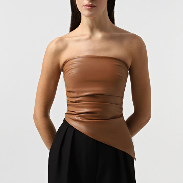PU leather strapless pleated waistband vest