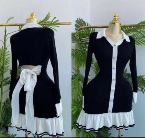 Bow tie tied ruffle edge knitted skirt