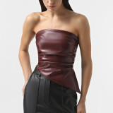 PU leather strapless pleated waistband vest