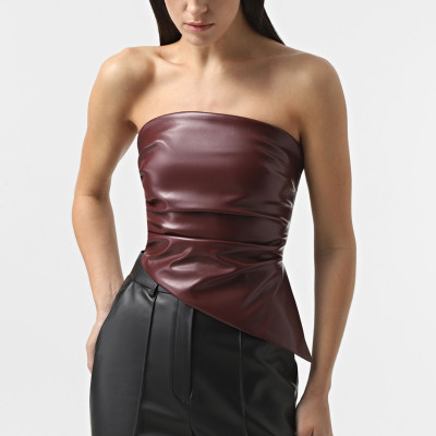 PU leather strapless pleated waistband vest