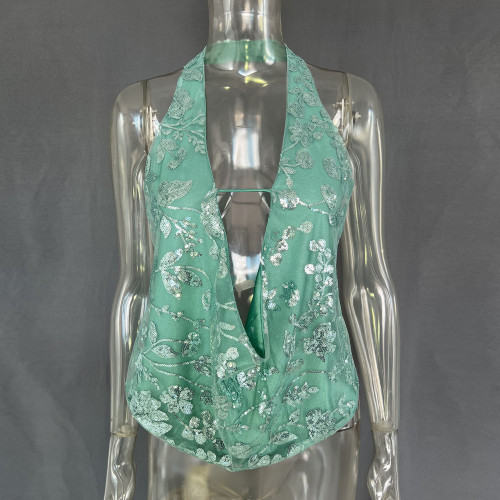 Backless sequined V-neck top