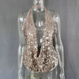 Transparent sequin backless deep V-vest