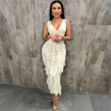 V-neck sleeveless hollow out ruffle edge slit dress