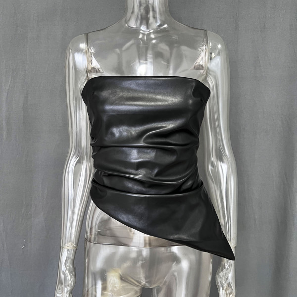 PU leather strapless pleated waistband vest