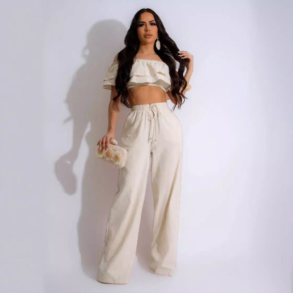 Two piece set of lotus leaf side length pants
