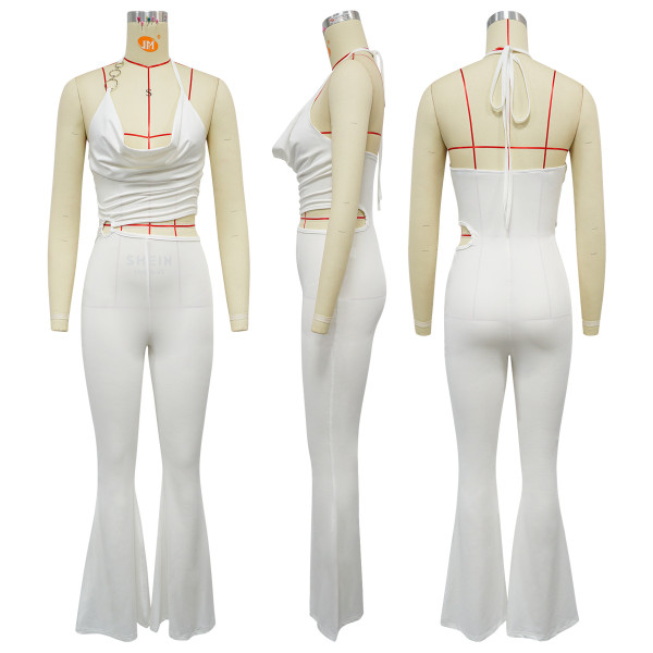 Circle decoration hanging neck and exposed waist jumpsuit