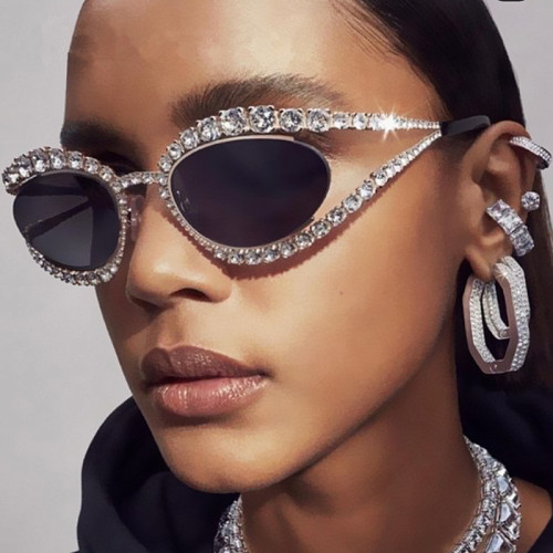 Diamond studded hollow cat eye sunglasses