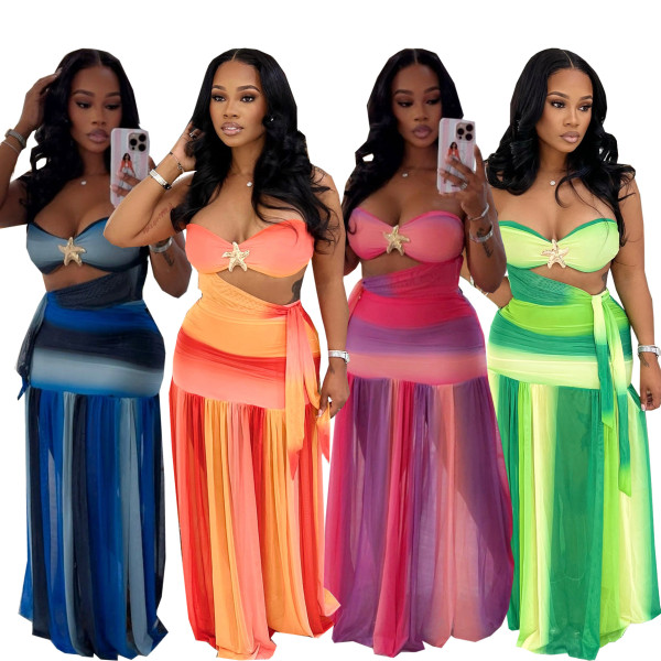 Strapless gradient pleated skirt two-piece set