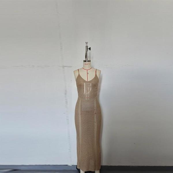 V-neck suspender, hip hugging skirt, backless hollow out strap, knitted jumpsuit, long skirt