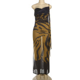 Mesh backless slit printed dress