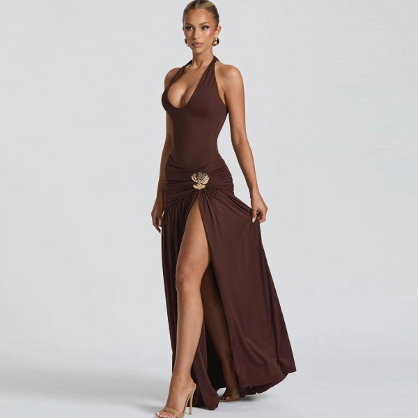 Hanging neck strap backless pleated slit dress
