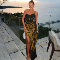 Mesh backless slit printed dress