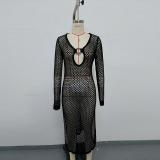 Hollow circular long sleeved side slit knitted dress