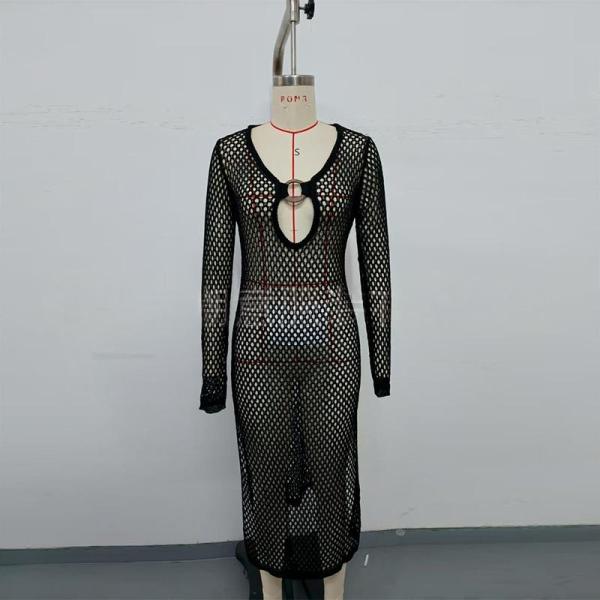 Hollow circular long sleeved side slit knitted dress