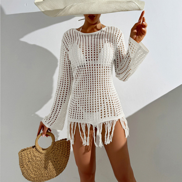Beach Hoodie Hollow Knitted Skirt Long Sleeve Tassel Dress