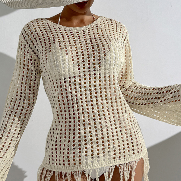 Beach Hoodie Hollow Knitted Skirt Long Sleeve Tassel Dress