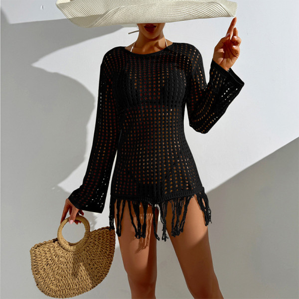 Beach Hoodie Hollow Knitted Skirt Long Sleeve Tassel Dress