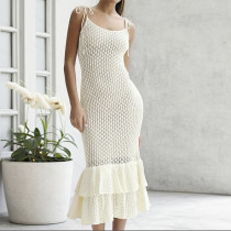 Knitted suspender hollow lotus leaf lace long skirt