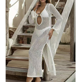Hollow circular long sleeved side slit knitted dress