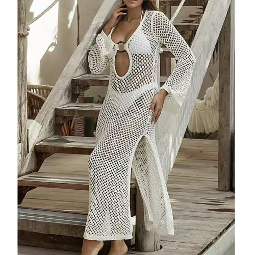 Hollow circular long sleeved side slit knitted dress