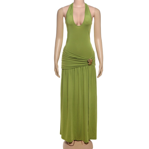 Hanging neck strap backless pleated slit dress