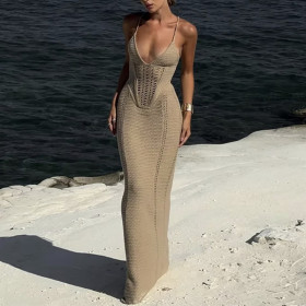 V-neck suspender, hip hugging skirt, backless hollow out strap, knitted jumpsuit, long skirt