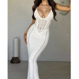 V-neck suspender, hip hugging skirt, backless hollow out strap, knitted jumpsuit, long skirt