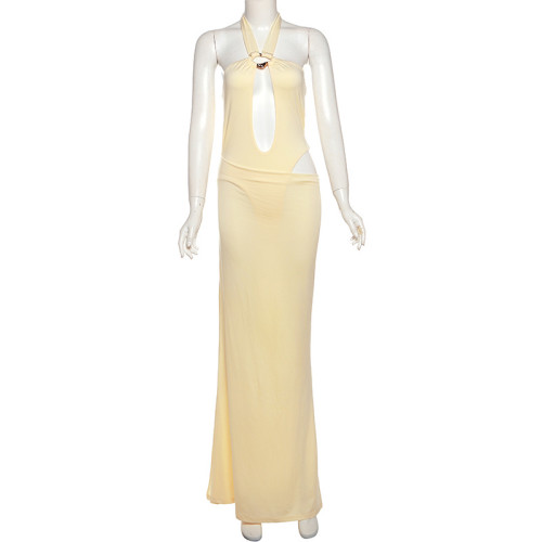 Hollow neck jumpsuit, hip skirt set