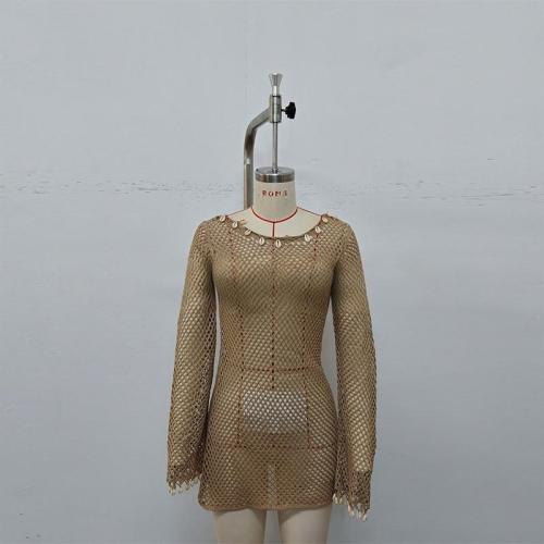 Hollow out fake shell decoration long sleeved knitted cover shirt, jumpsuit, short skirt