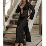 Hollow circular long sleeved side slit knitted dress