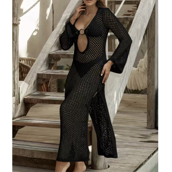 Hollow circular long sleeved side slit knitted dress