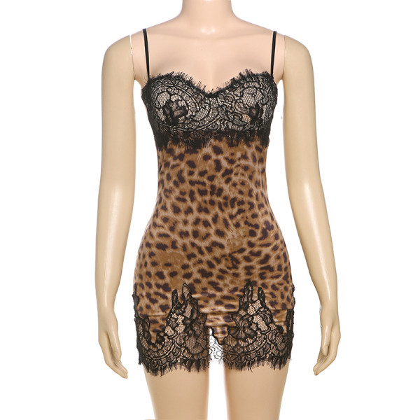 Leopard print backless lace patchwork camisole dress
