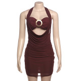 V-neck hanging neck backless dress with mesh inside and strapless two-piece set