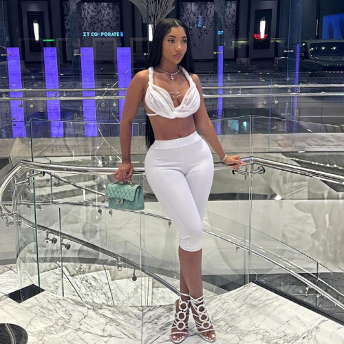 Hanging neck, exposed back, lace up vest, tight fitting cropped pants two-piece set