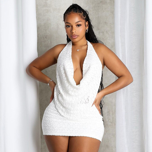 Lace collar sleeveless backless top, hip hugging short skirt two-piece set
