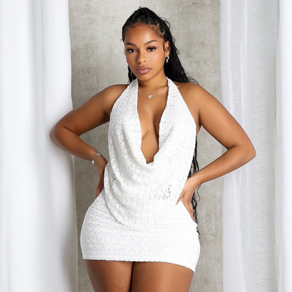 Lace collar sleeveless backless top, hip hugging short skirt two-piece set